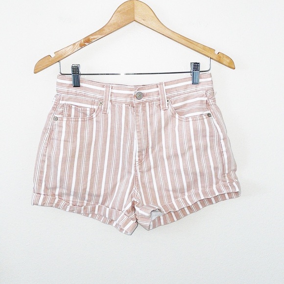 American Eagle Outfitters Pants - AMERICAN EAGLE Striped Pink Denim Shorts Cuffed High-Rise Size 4